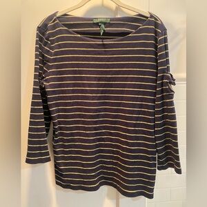 Lauren Ralph Lauren-Bracelet Sleeve Top w/Crested Pocket, Navy/Gold, Size  XL